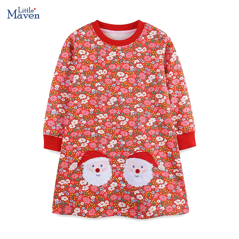 Little maven Christmas Girls Costumes Autumn Girls Long Sleeves Dress Santa Claus Casual Children Casual Dress Cotton
