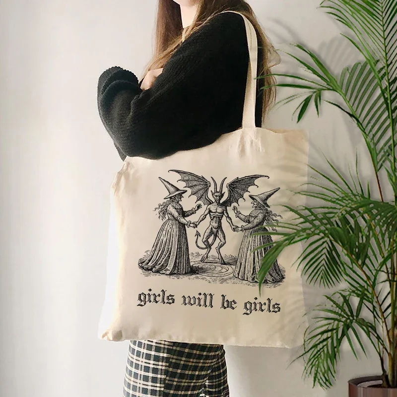 Girls Will Be Girls Witch Canvas Tote Bag Organizer New Large Capacity Travel Storage Shoulder Bag Handbag Halloween Spooky Gift