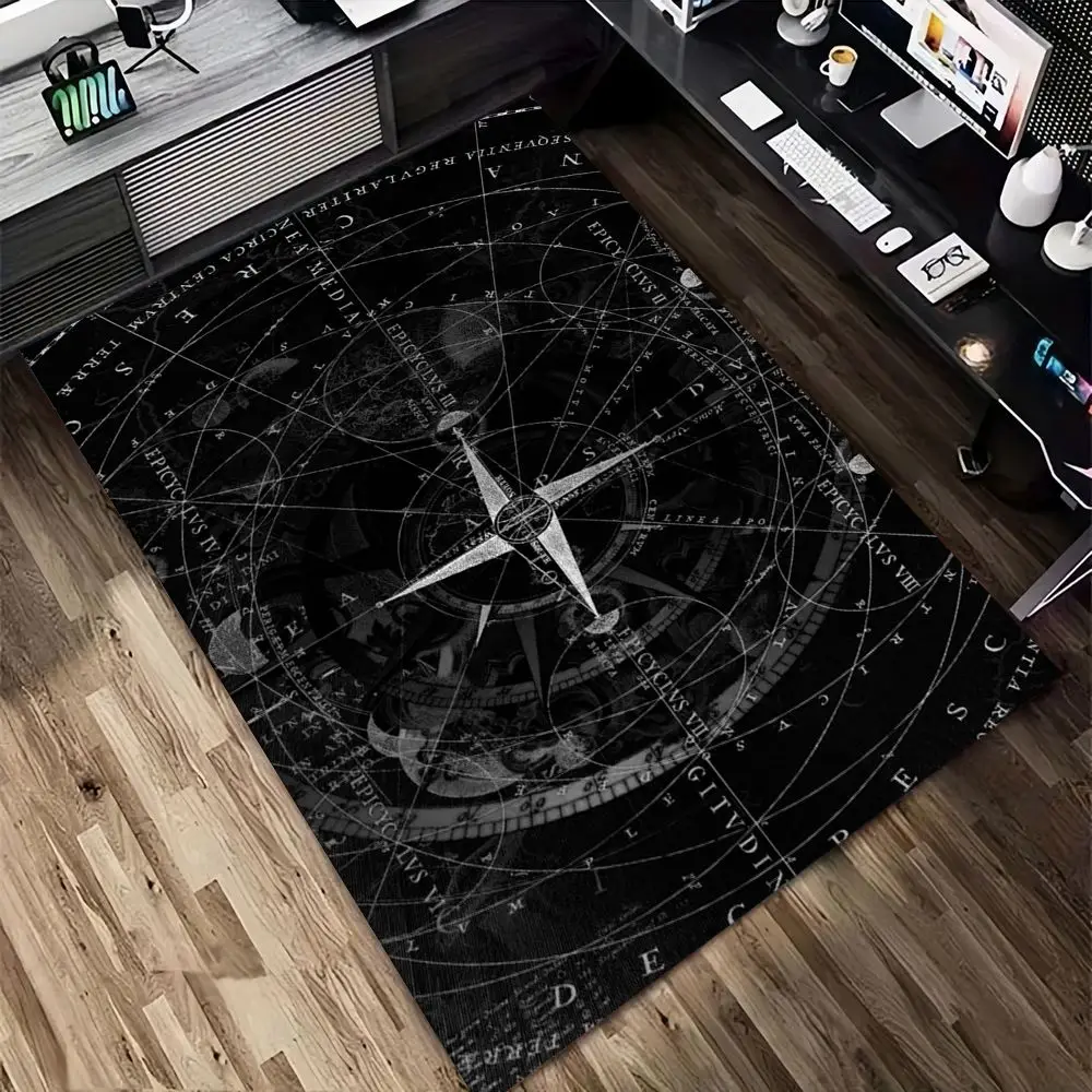 1pc Vintage Black‑Compass Astrological Print Area Rug, Non‑Slip Washable Floor Mat for Entryway, Office, Living Room, Bedroom
