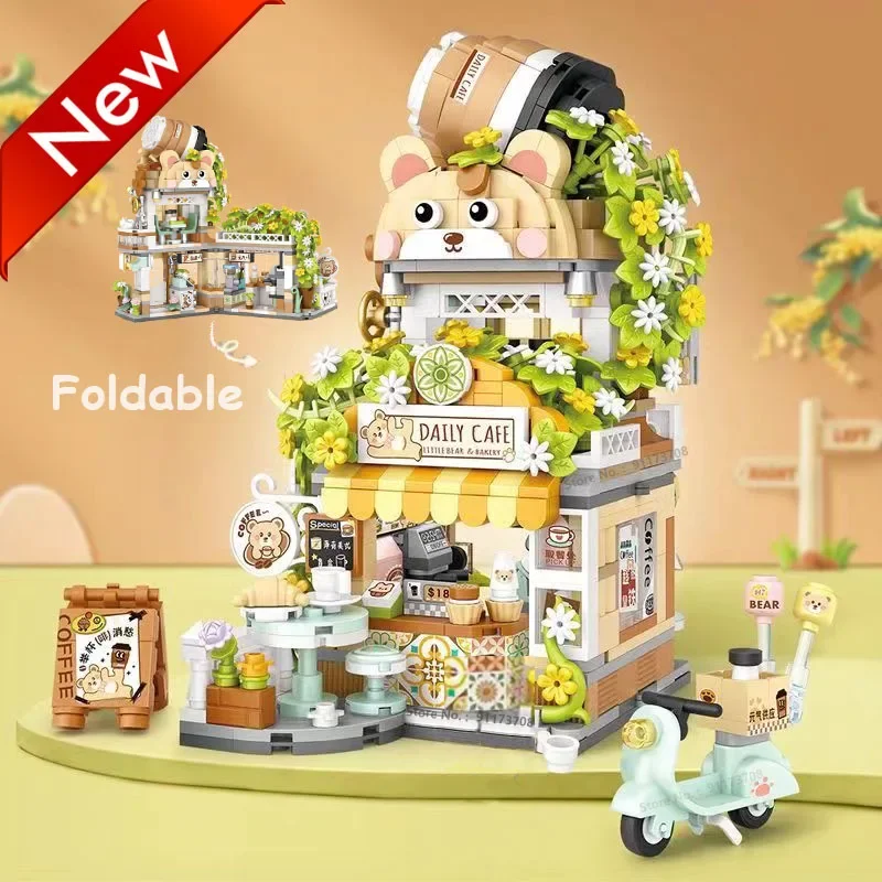 Loz Mini Street View Building Blocks Bear Coffee Shop Foldable Panda Milk Tea Cartoon Street Shop Store Model Bricks Stacking