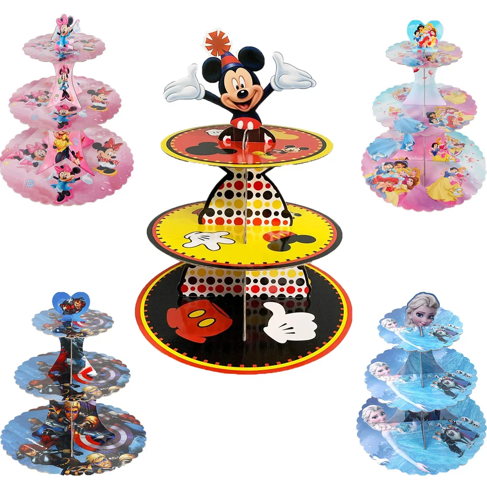 3 Tier Frozen elsa disney princess paper Cake Holder Round Mickey Cake Rack Birthday Party Decor Supplies Cupcake Stand Hold