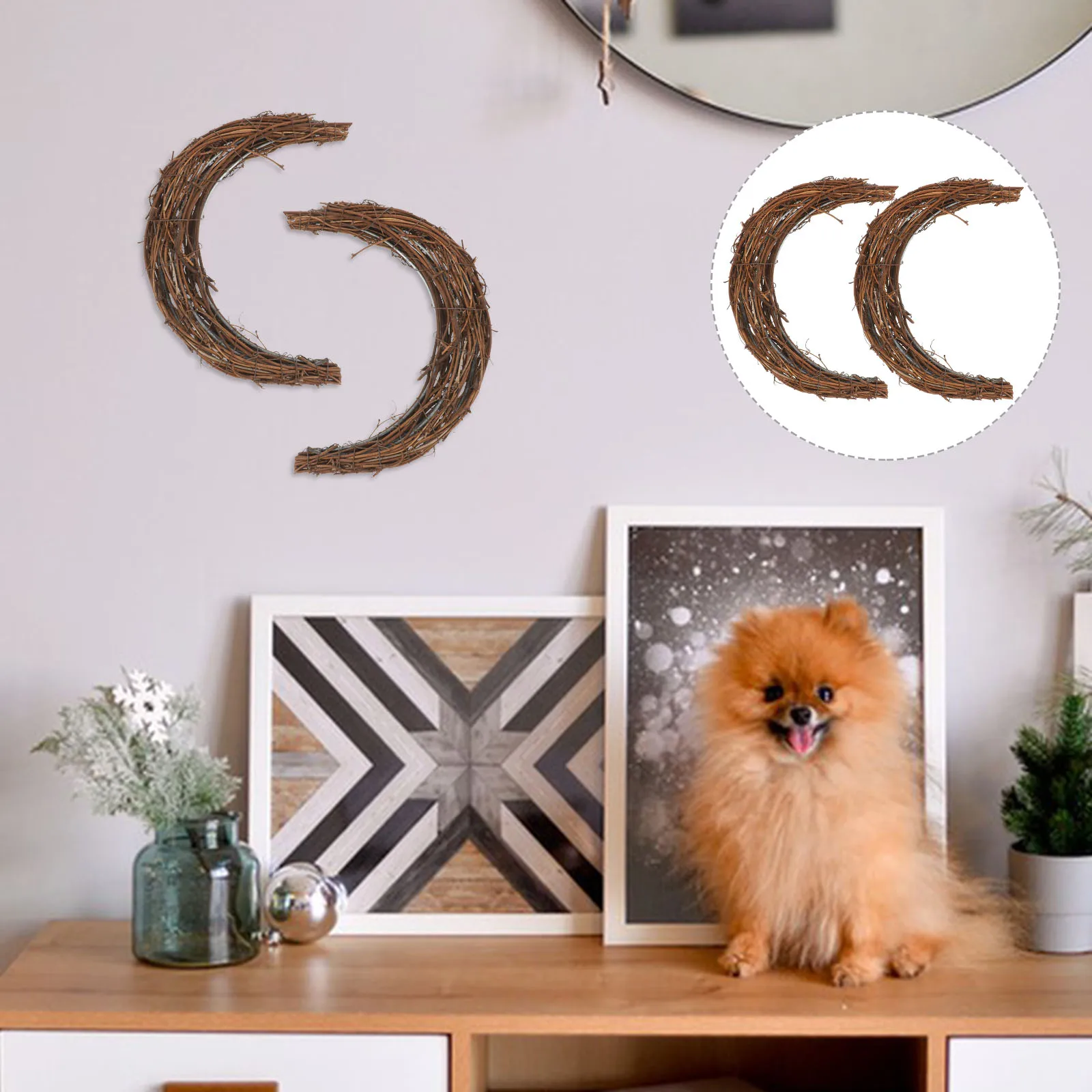 

2pcs Moon Shaped Rattan Frame Diy Ring Vine Branch Craft Decoration For Home Party Holiday Floral Arrangement Wall Door Decor