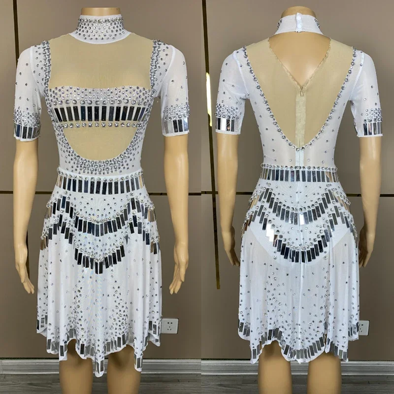 Abiti da sera da festa bianchi a maniche corte con paillettes e strass Abito da donna Festival Outfit Compleanno Festeggia il costume XS6958