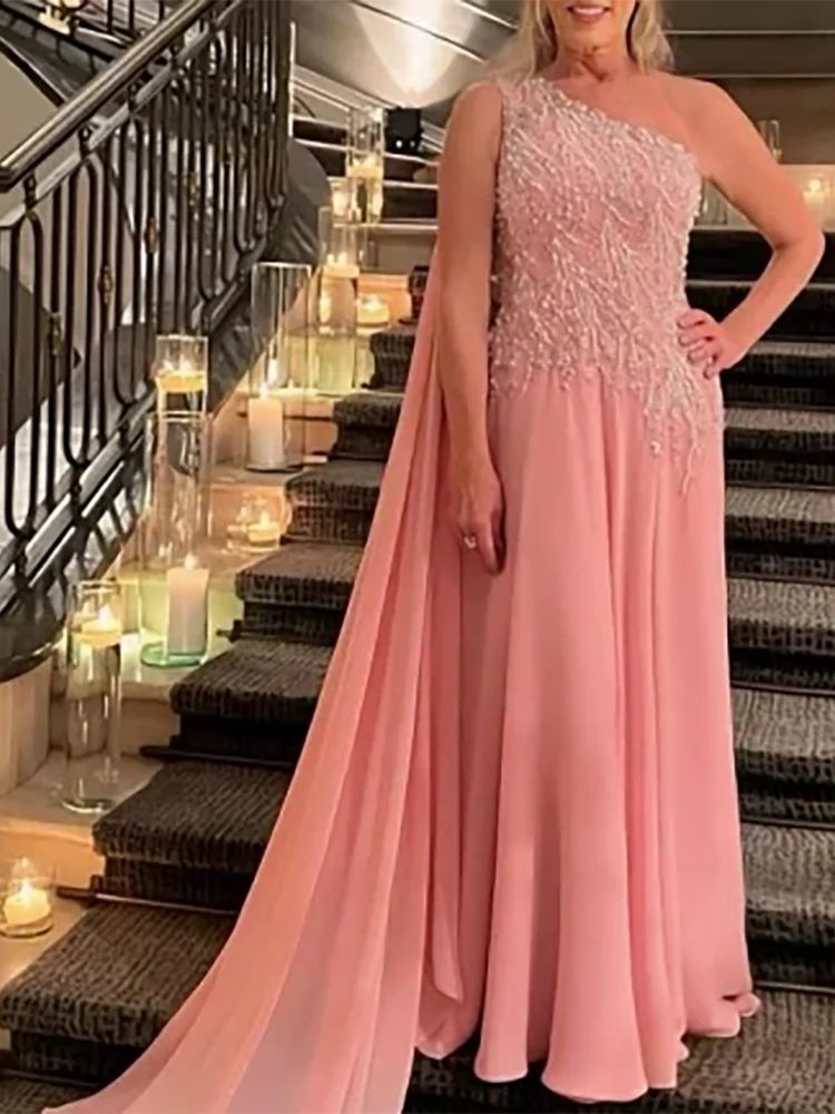 

Classic Pink One Shoulder Appliquins Beading Pleat Mother Of Bride Wedding Dresses Bridal Gowns Customized
