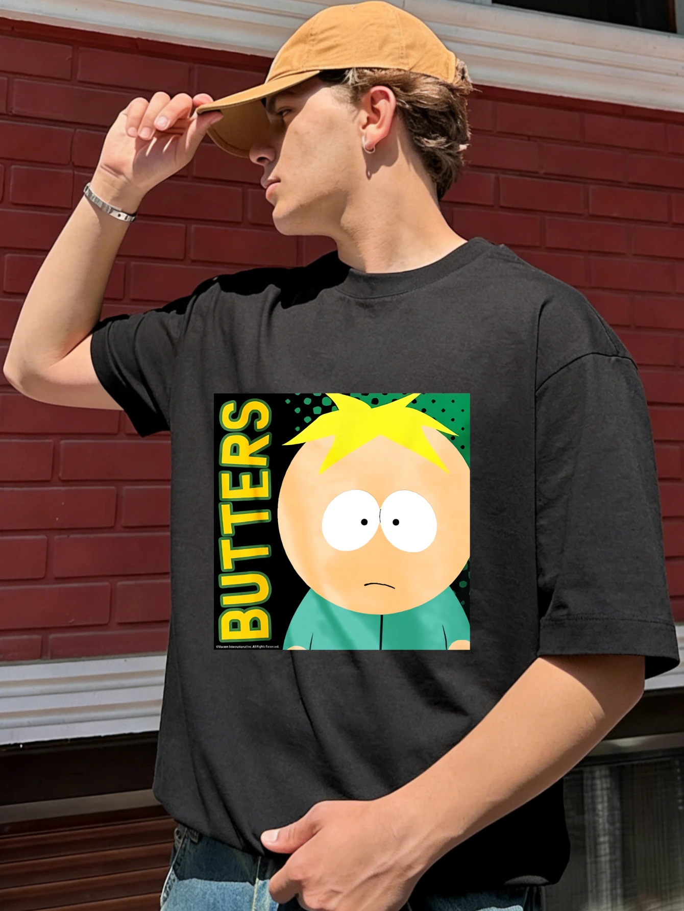 

BUTTERS Funny Cartoon Printed Cotton T Shirt Men Regular Fit Short Sleeve Summer Casual Mens Tee