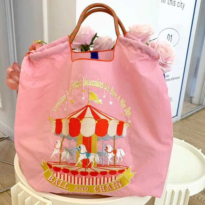 Kawaii Ball Chain Merry Go Ronde Canvas Tas voor Meisjes Cartoon Grote Capaciteit Opvouwbare Oxford Schouder Geborduurde Nylon Tas Cadeau