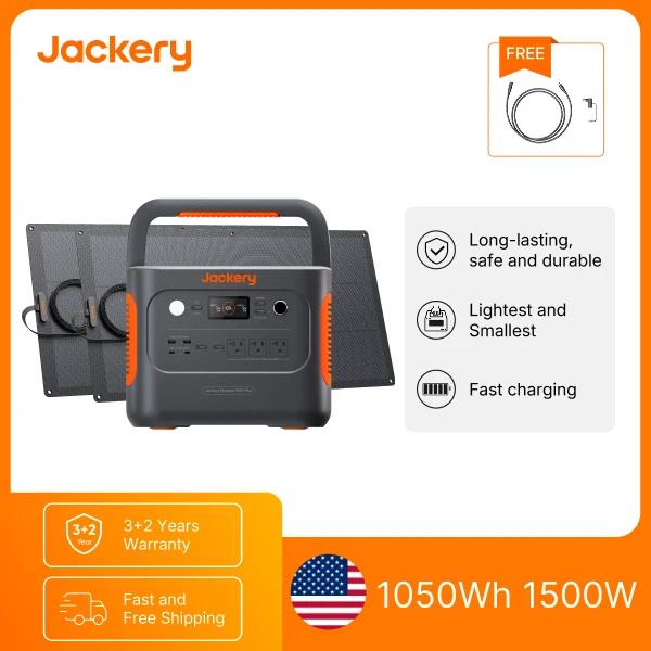 Jackery E1000AC 1050Wh Portable Power Station with 2x 100W Light Solar Panels and 5m Extension Cable, 1500W Pure Sine Wave AC Output, 3000W Surge, LiFePO4 Battery, 100W USB-C and Fast Recharge for Camping, RV Trips and Home Emergency Backup