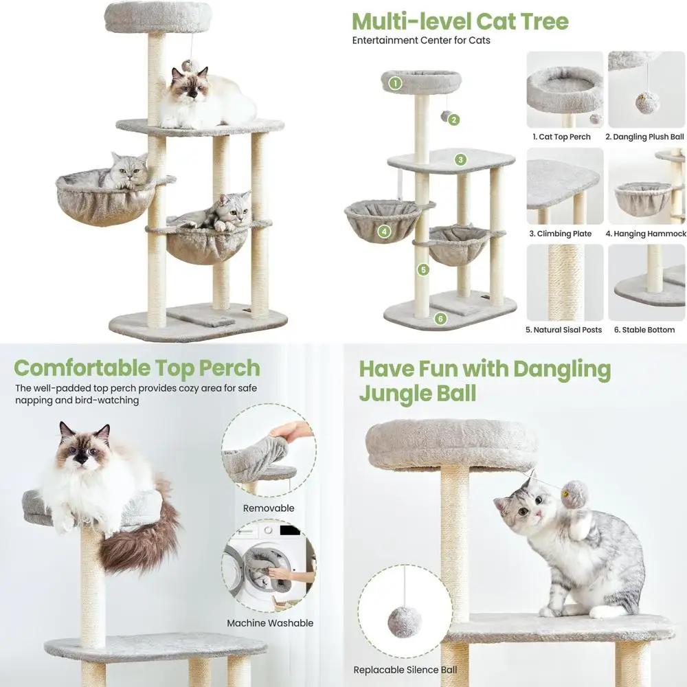 

42-Inch Medium Cat Tree Tower with Scratching Posts, Hammock, and Multi-Level Perches for Indoor Play