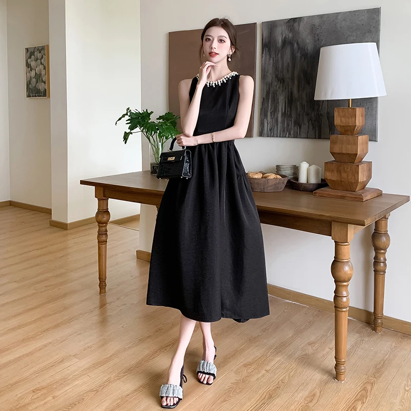 Ozhouzhan Black Vest Dress Women Summer Light Luxury Hepburn Sle Beads Evening dress Advanced Sense A Word Long dress