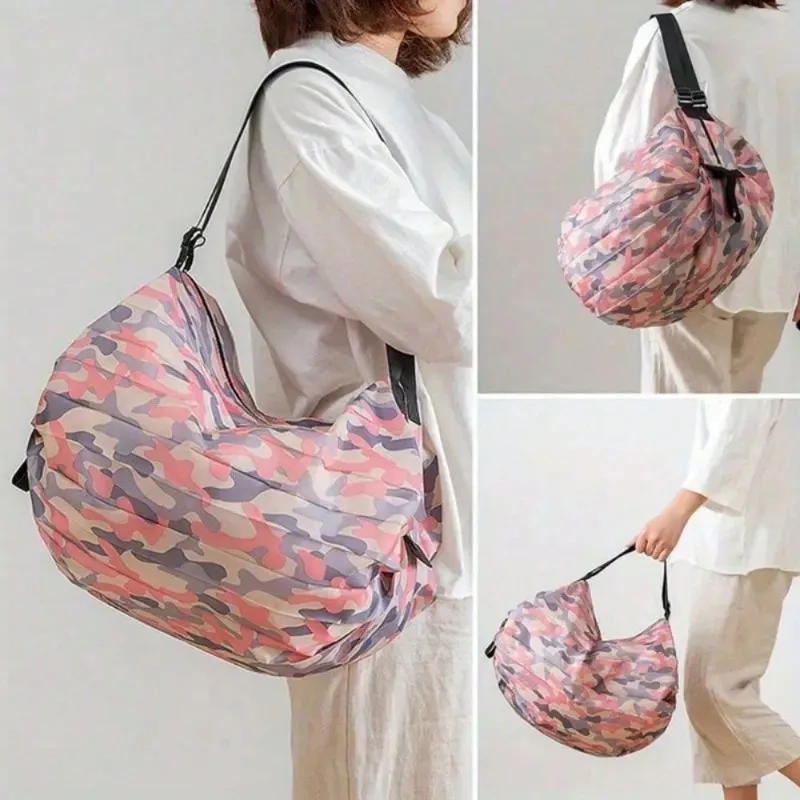 Wasserdichte, faltbare Einkaufstasche mit großem Fassungsvermögen, strapazierfähiges Polyester, verstellbare Schultergurte, kreisförmiges Design für Reisen