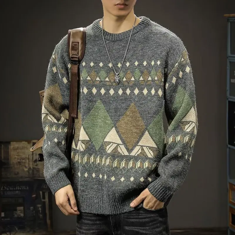 

American Classic Retro Men's Sweater Loose Casual Autumn Winter Faion Brand Knitted Outerwear Warm Polyester Fiber