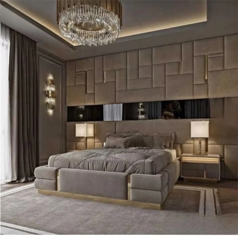 

Premium King Size, Leather Headboard, Double Modern Wood Framed Furniture Deluxe Bedroom Bed