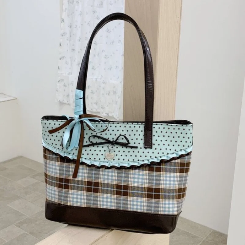 

Star Polka Dot Tote Bag With Korean-style Lace Plaid Patchwork Cute Korean Y2k Style Shoulder Bag Casual Commuter Underarm Bag