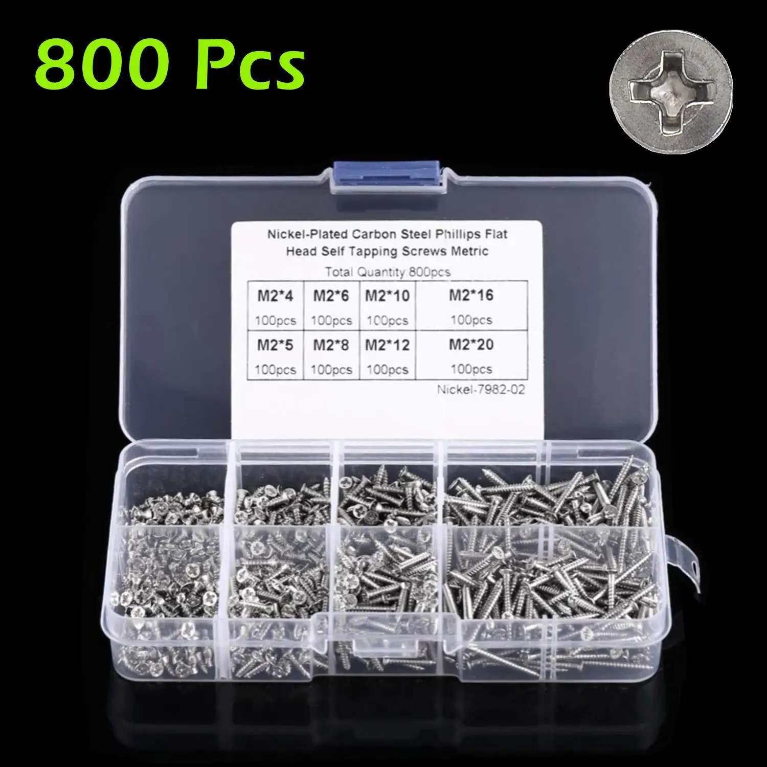 800 Pcs M2 Flat Head Self Tapping Screws Assortment Kit Lock Philips Cross-Recessed Screw Sets Various Length