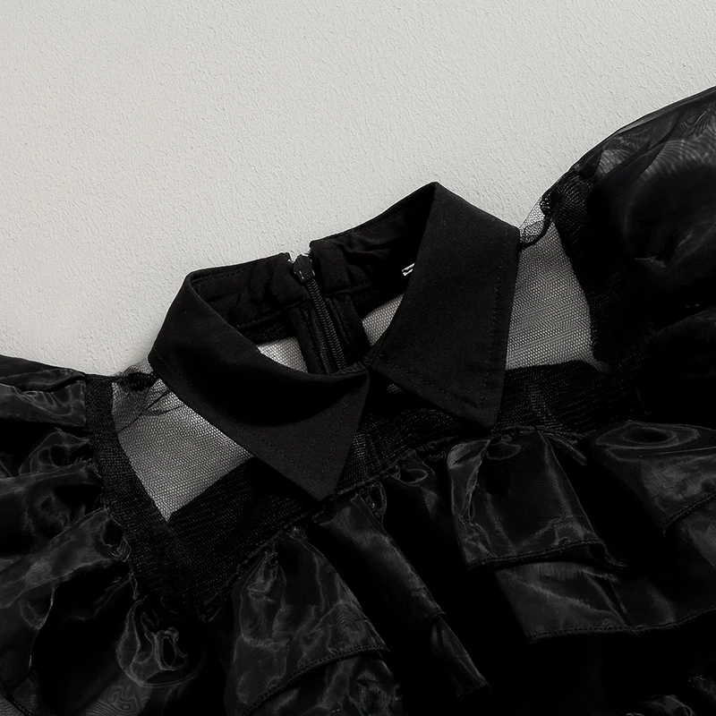 2023-06-28 Lioraitiin 3-9Years Kid Girls Casual Halloween Dress Black Flying Sleeve Turn Down Collar A-line Tulle Dress