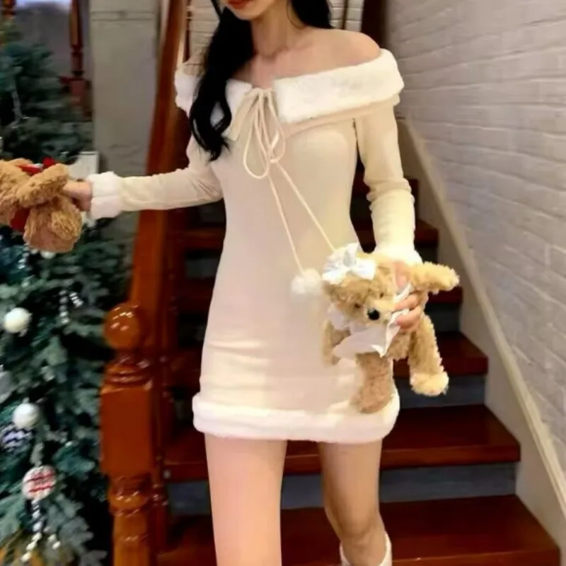 فستان حفلات أعياد الميلاد أنيق مكشوف الأكتاف على الموضة الكورية للنساء فساتين قصيرة مثيرة بياقة من الفرو الصناعي #1