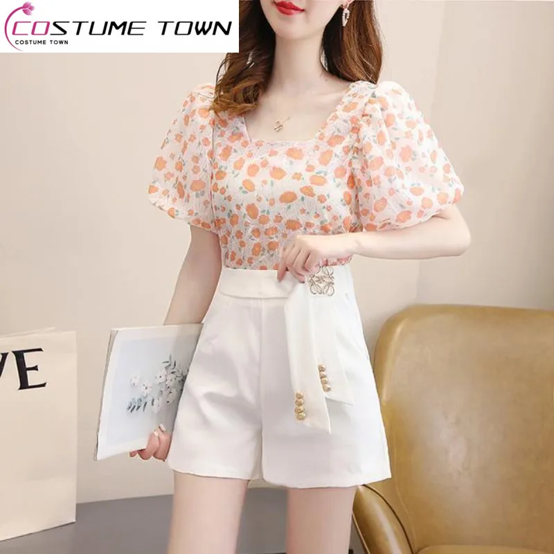 

2023 Summer New Small Fragrance Set Bubble Sleeve Sweet Fragrant Blossom Top+High Waist Wide Leg Pants Two Piece Set for Women