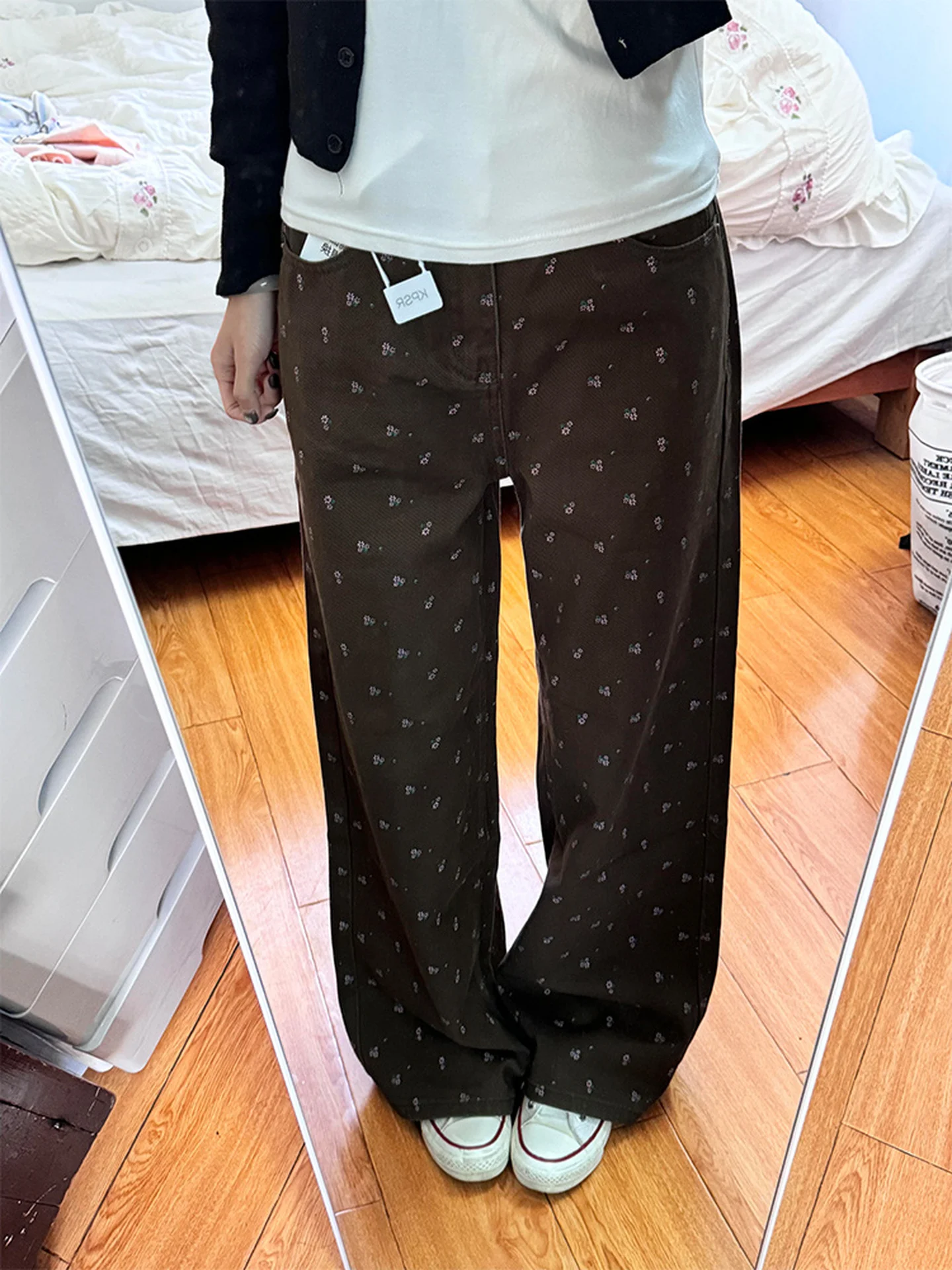 Retro Floral Print High Waist Wide Leg Denim Jeans Women's Autumn Winter Slimming Design Sense Pants a Brown Ladies Jeans