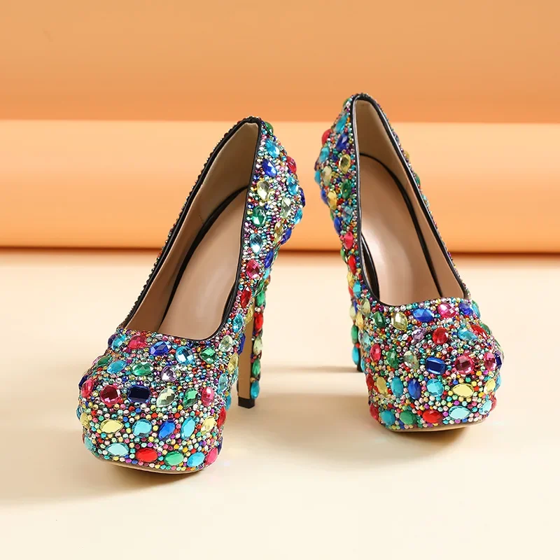 Sexy Super High Ethnic Pumps Mixed Colors Platform Wedding PU 14CM Thin Heels Multicolour Rhinestone  Pole Dancing Woman Shoes