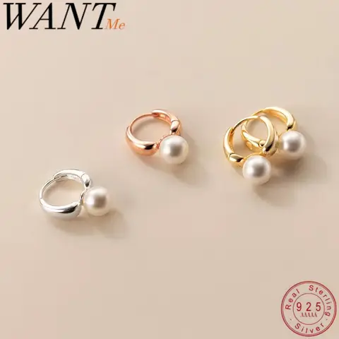 WANTME 925 Sterling Silver Fashion Synthetic Pearl Huggies Hoop Earrings for Women Classic Statement Party Jewelry Ear Buckle