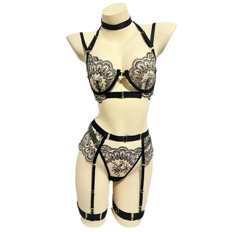 

5 Pieces Sexy Embroidery Metal Front Hollow Out Bra For Women Lady Female Outfit Hot Underwear Lingerie Erotic Suits Set