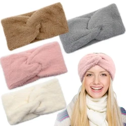 Cashmere Cross Headbands Winter Imitation Mink  Women Hairband Wide Warm Twist Stretch Headwrap Knot Fluffy Ear Warmer Turban