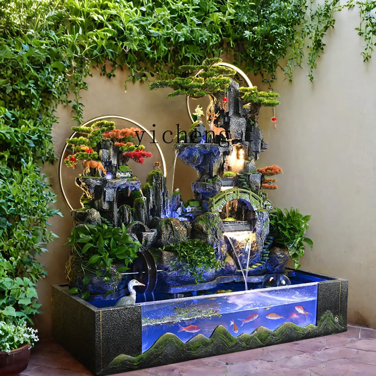 

TWR rockery, flowing water fountain ornament, lobby garden layout, floor-to-ceiling feng shui wheel to attract wealth