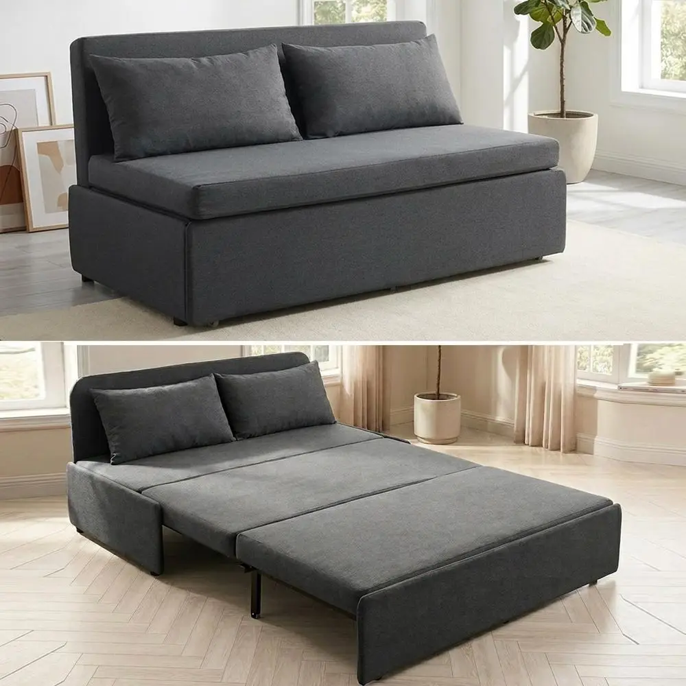 

64 W Sofa Bed Queen Size with Pull Out Bed, 2in1 Modern Linen Living Room Pull Out Sleeper Sofa Couch Beds with Cushions ampThr