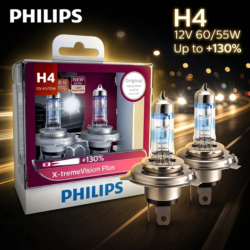 Image of Philips H4 12V 60/55W X-tremeVisio Plus 3700K Helles Licht Bis zu 130% Erhöhte Helligkeit Original Halogen Autoscheinwerfer 12342XV+