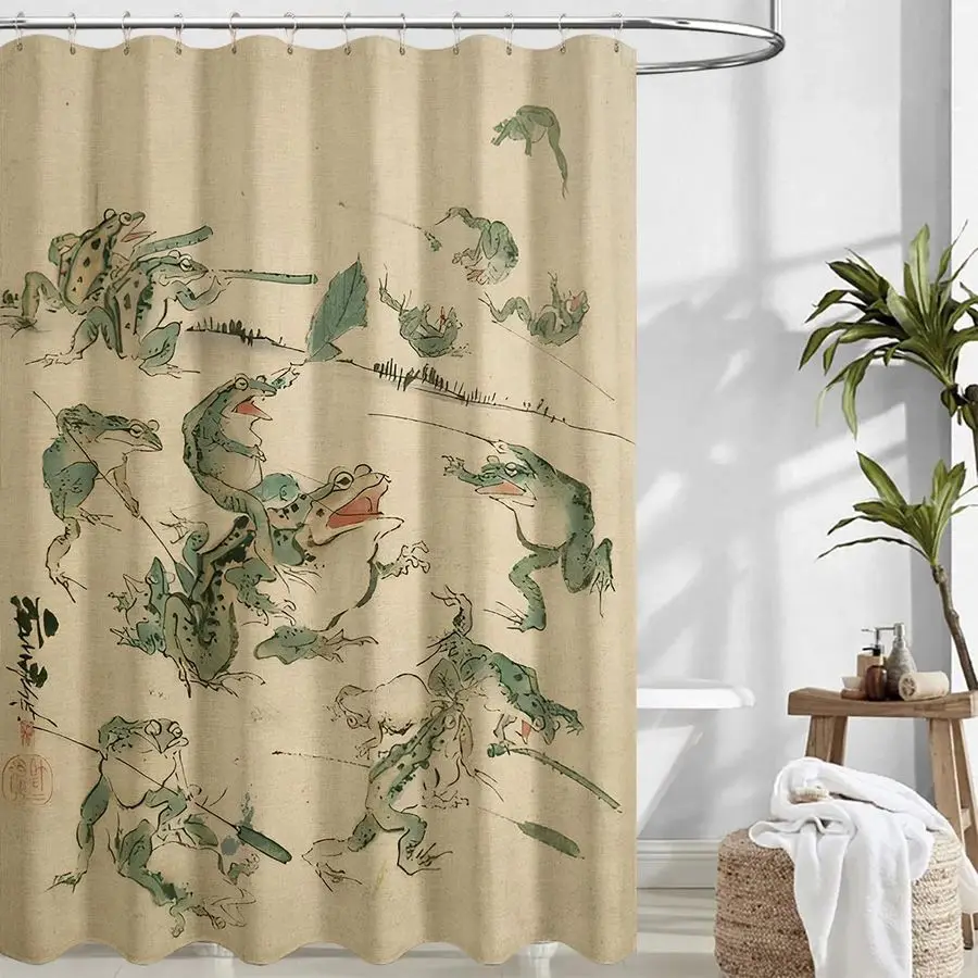 

Fabric Funny Frog Shower Curtain Japanese Retro Bathroom Decor with 12 Hooks, Waterproof Natural Linen, 72x72 Inches