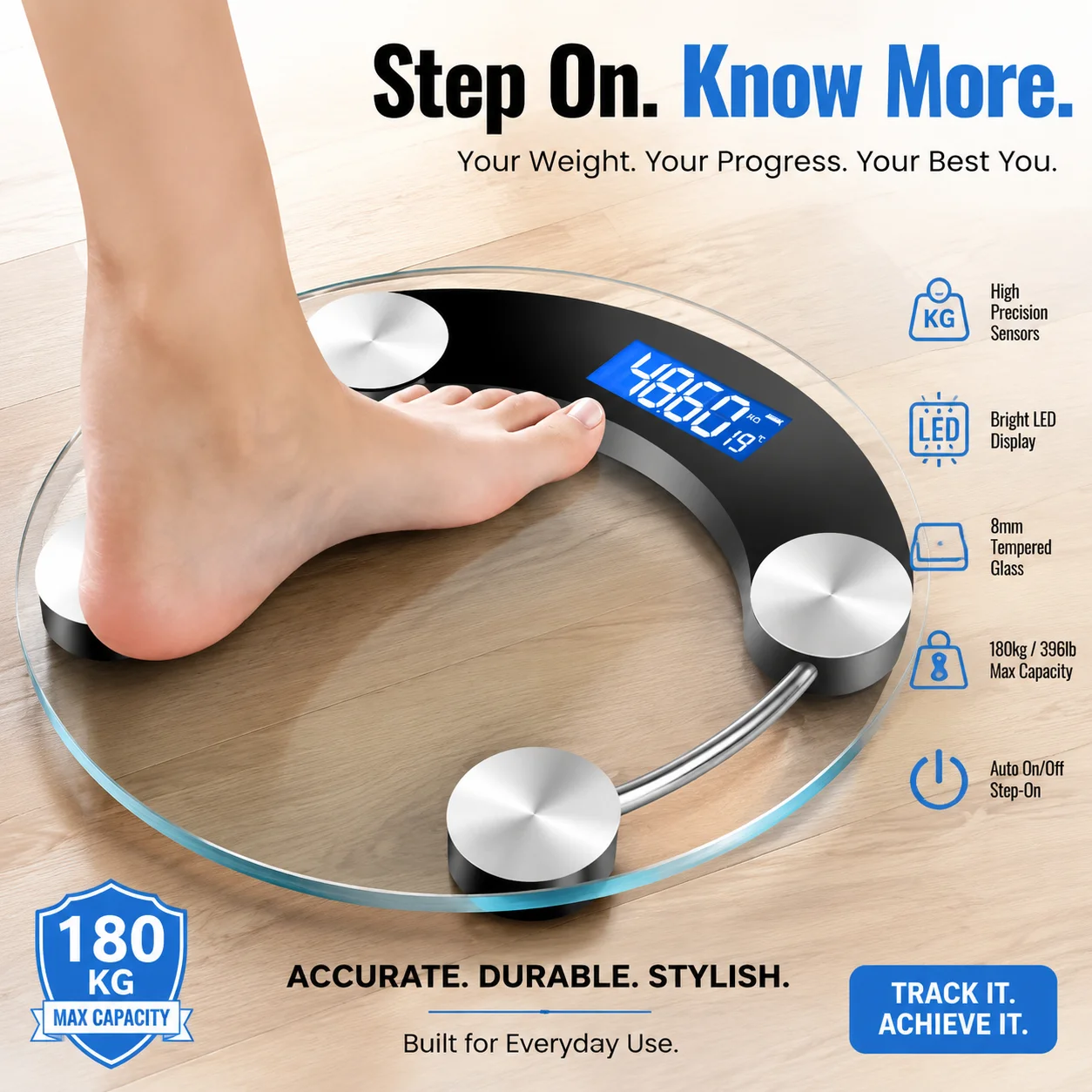 Digital Body Weight Scale - เครื่องชั่งน้ำหนักดิจิตอลทรงกลมแบบสมาร์ท กระจกนิรภัย ความแม่นยำสูง เครื่องชั่งน้ำหนักอิเล็กทรอนิกส์สำหรับห้องน้ำในบ้านสำหรับผู้ใหญ่เพื่อการตรวจวัดสุขภาพ