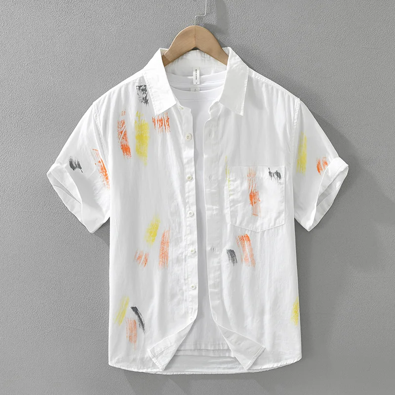 

8212 Japanese Style Printed Short Sleeve Shirt Men Casual Loose Fit Top Fashion 100% Cotton Men's Shirts Men Clothing TS-996