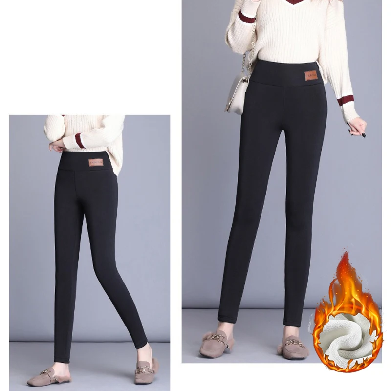 Winter Women Solid Plush Thermal Leggings Girls Snow Warm High Waist Skinny Trousers Lady Classic Basic Fleece Pants