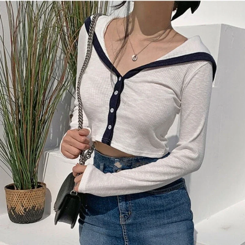 Korejepo Spring Autumn Navy Collar New Single Breasted Short Threaded Top Women Lazy Style Contrasting Color Long Sleeve T-shirt