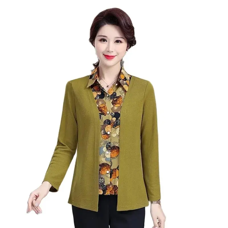 Fashion Print Fake Two-Piece Shirt Tops Female Summer Autumn Long-Sleeved Women's Shirt Blouse Middle-Aged Mom Bottoming Shirt