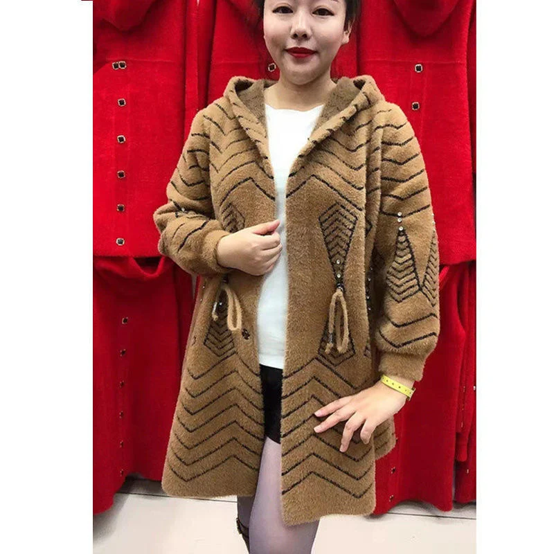 

Large Size 6XL Middle Aged Mother Sweaters Korean Hooded Double Sided Mink Fur Lady Knitwear Winter Long Sleeves Female Knitting