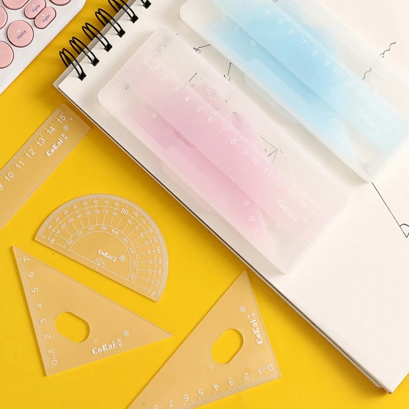 4 Pcs Geometry Kit Plastic Protractor 2 Triangle Rulers 15cm Ruler for Students