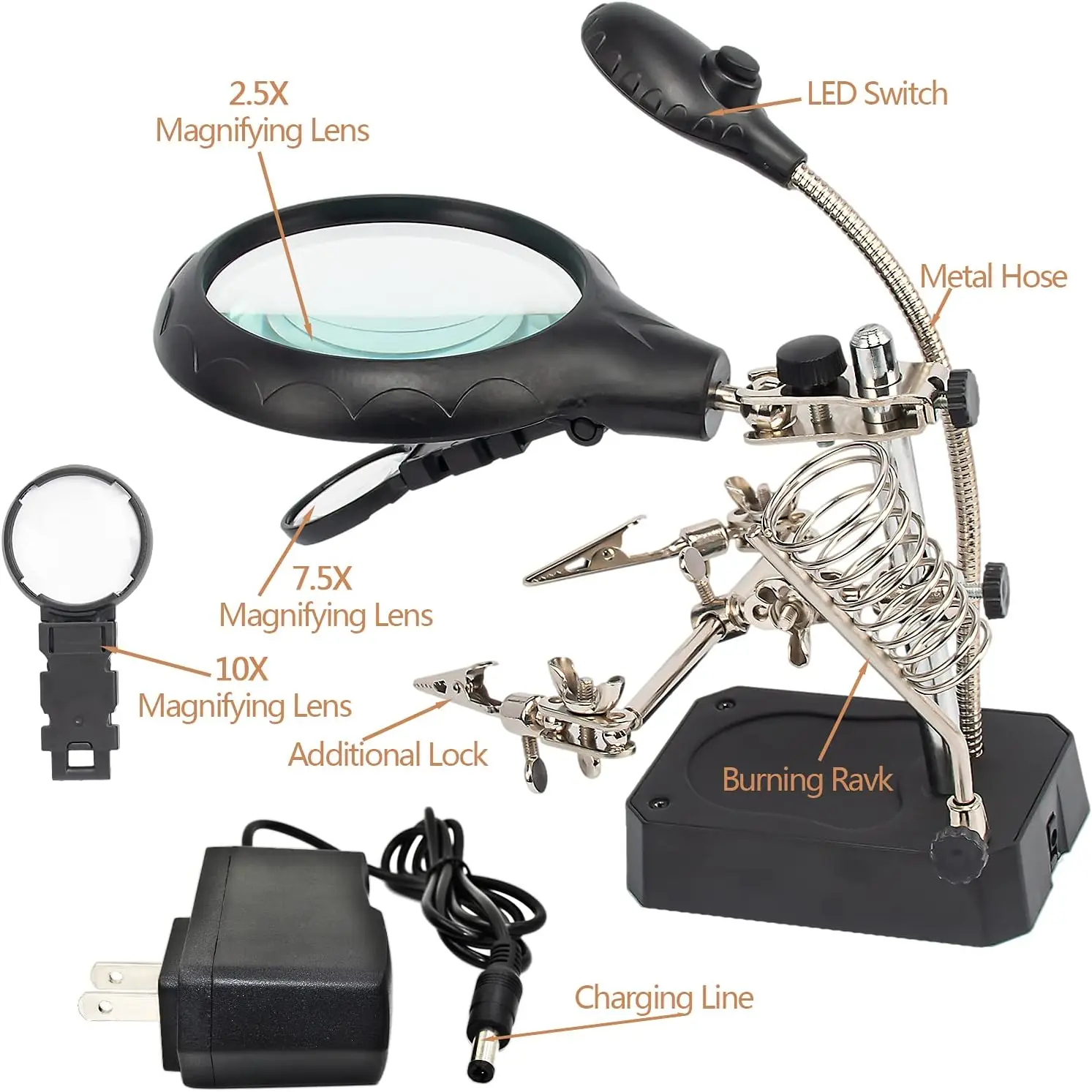 Desktop LED Magnifying Glass Soldering Station Adjustable Helping Hands Magnifier 2.5X 7.5X 10X Alligator Clips for PCB Welding