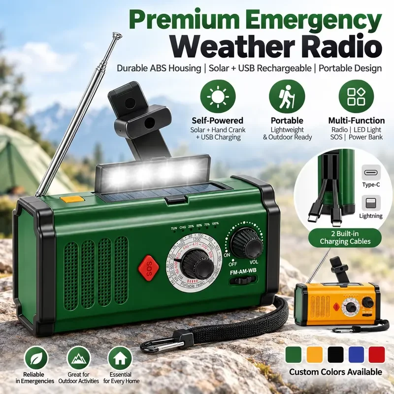 BOLRZO Multifunctional SOS Alarm Flashlight Noodradio FM AM Portable Emergency 5000mAh Charger Power Bank, Hand Cranked Solar