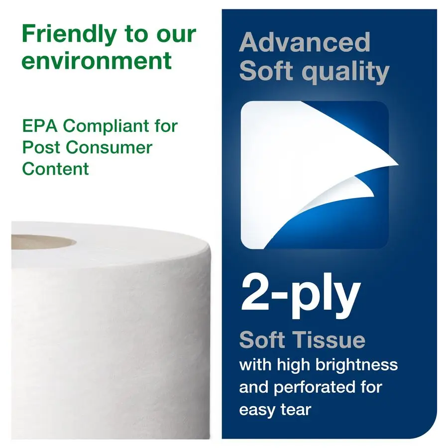 Mini Jumbo Bath Tissue Roll Toilet Paper Towels with Advanced Soft Quality, Compatible with T2 Dispenser, 12 rolls x 1075, 2Ply