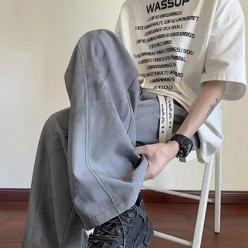 Ice Silk Casual Men's Summer Pants Loose Fit Low Waist Youth Trendy Brand Tie Dye Sporty Long Trousers High Street Style