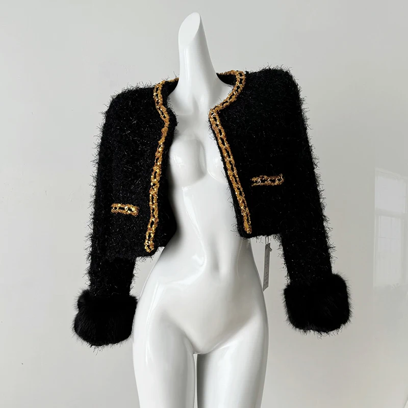 

Черно-золотая элегантная куртка, подплечник, чехол на пуговицы, съемная пушистая манжета, короткое пальто для вечеринок