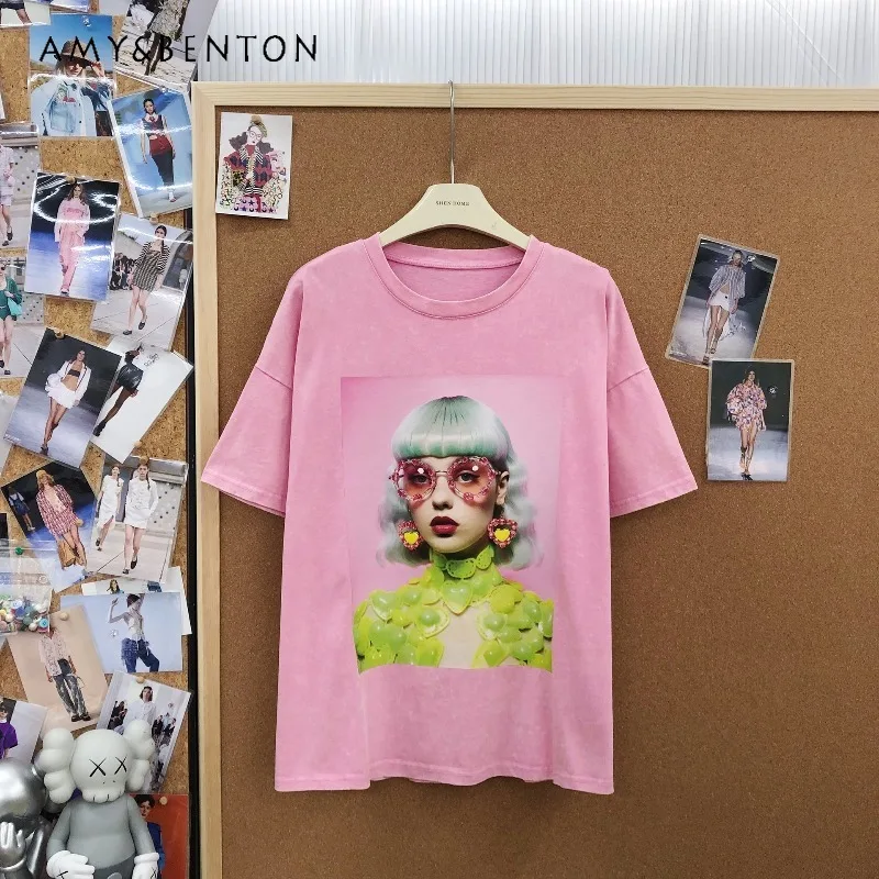 

American Style Y2k Tees Tshirt Fashion Trendy Pink Pure Cotton Washed Short Sleeved T-shirt New Loose Character Print Top Ladies