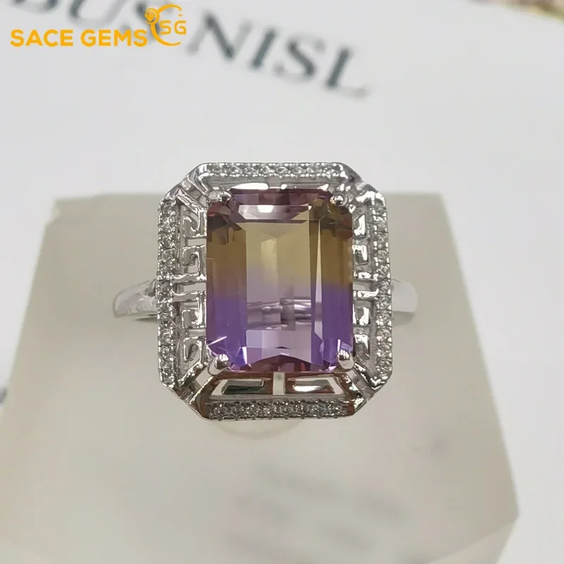 SACE GEMS Luxury Resizable 100% 925 Sterling Silver Sparkling 8*10mm Ametrine Wedding Rings Party Fine Jewelry Gifts Wholesale