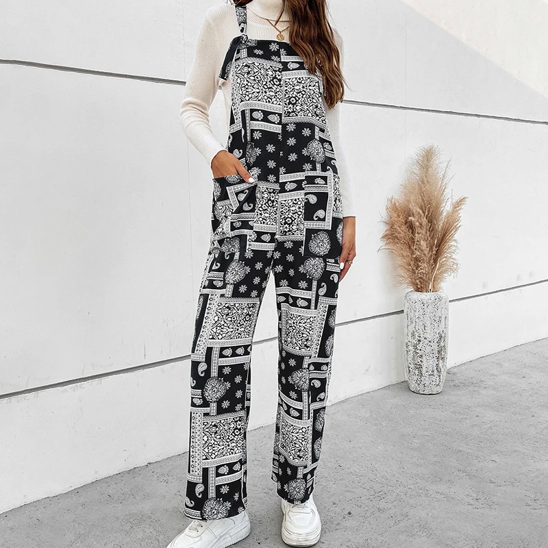 Women's Casual Overalls Wide Leg Paisley Retro Print Loose Jumpsuit Fashionable Sleeveless Jumpsuit