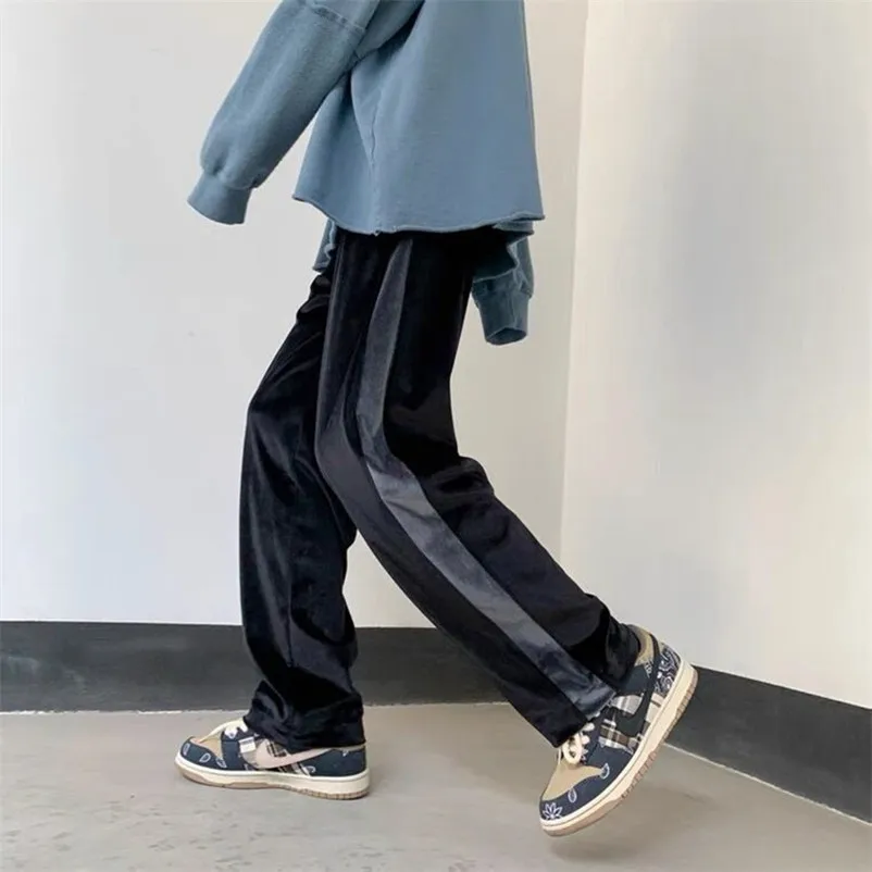 Men High Street Drawstring Elastic Waist Long Pants Loose Men Patchwork Velour Wide Leg Pants Spring Autumn Trousers Sweatpants