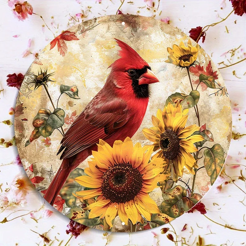 CIFBUY Vintage Round Red Cardinal Sunflower Aluminum Wall Art 8x8 Inch Waterproof Anti-Scratch Metal Sign for Indoor Outdoor