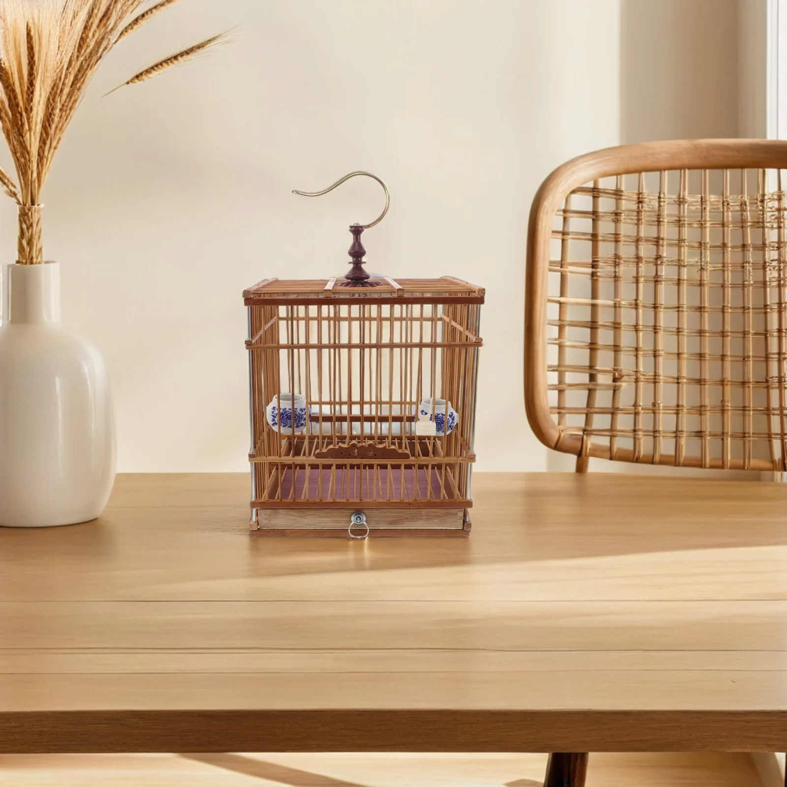 

Bamboo Bird Cage Handmade Rectangular Carbonized Finish For Goldfinches Zosterops Removable Tray Hanging Hook Vintage