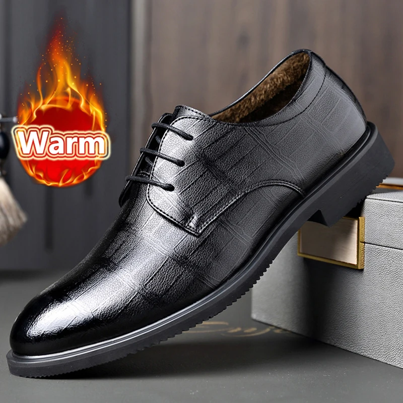 New Men's Elevator Business Dress Leather Shoes 3/6cm Men Formal Shoes Winter Plush Business Men Oxfords Versatile Wedding Shoes