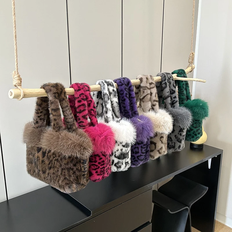 Y2k Korean Plush Bag Retro Leopard Print Bags For Women Underarm Bags Leopard Zebra Pattern Fluffy Tote Bags Faux Fur Handbags